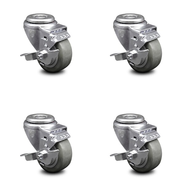 3.5 Inch Gray Polyurethane Wheel Swivel Bolt Hole Caster Set with Brake SCC